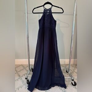 IEFiEL girls navy blue lace and chiffon halter gown. US girls size 10.